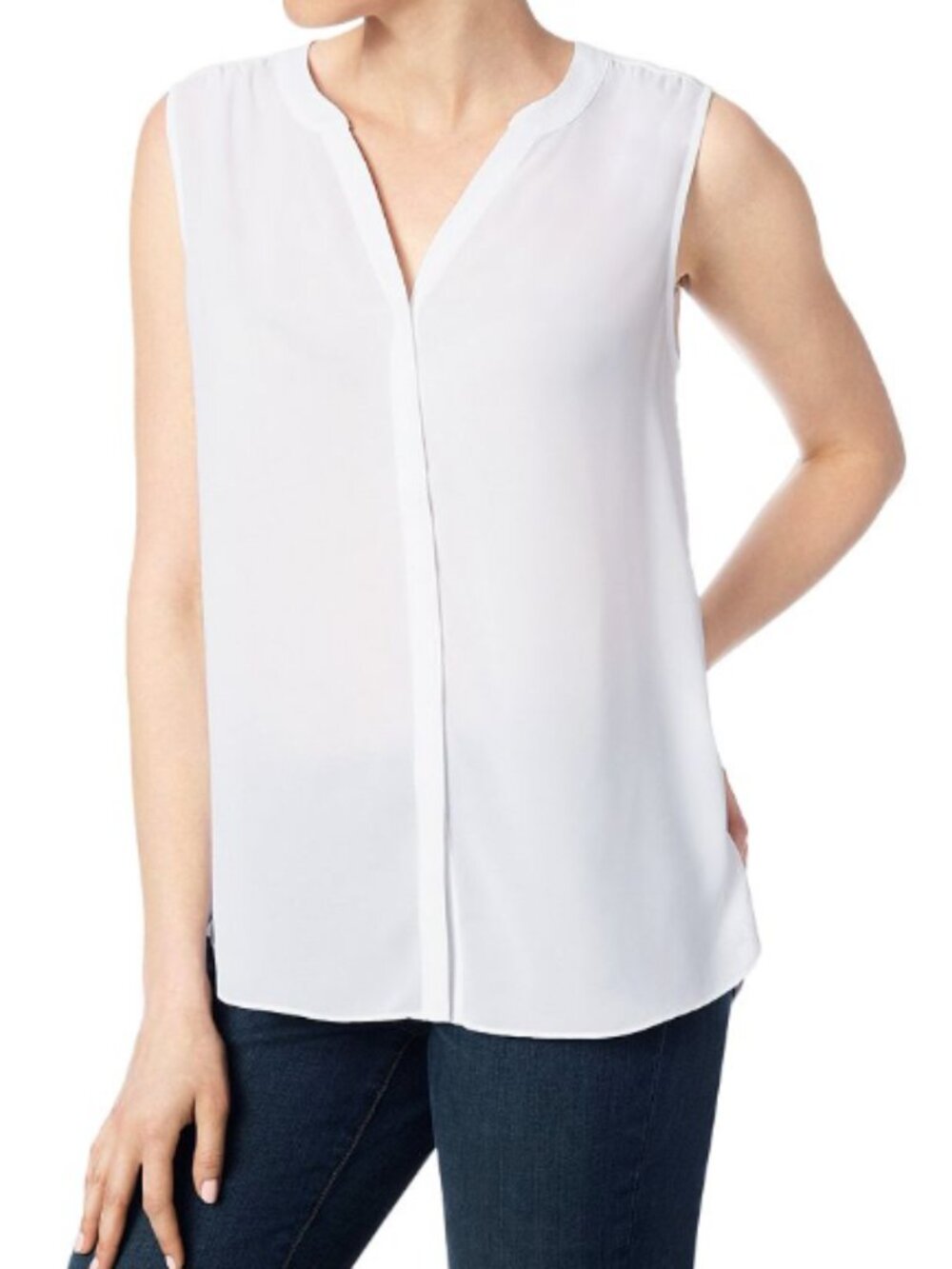 NYDJ Pleat Back Sleeveless Split Neck Blouse - Optic White Size Small